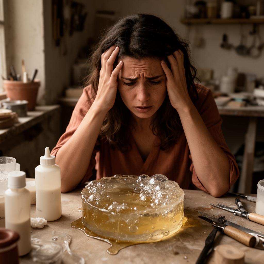 Frustrated crafter holding her head over a failed cloudy, sticky, yellowed resin piece